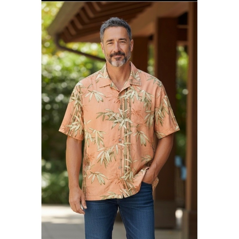 Tommy Bahama Mens Silk Bamboo Print Short Sleeve Button Up Shirt Peach XLX/TGT